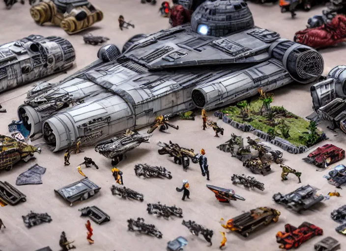 Prompt: a photo of a epic grand scale diorama of star wars figures and vehicles and buildings, canon, macro photography, tilt - shift photography