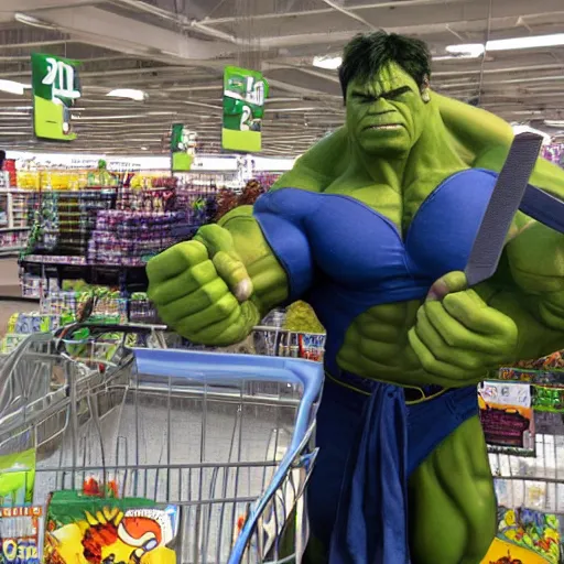 Image similar to the incredible hulk shoping at walmart