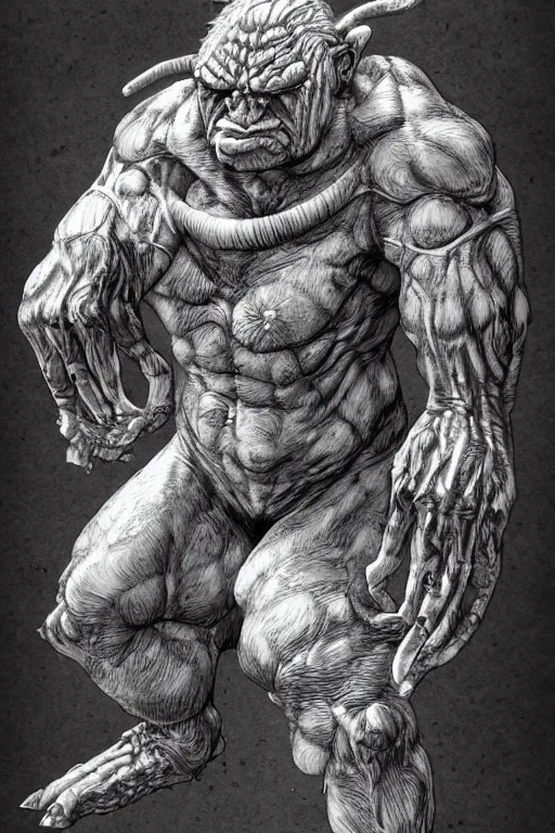 Image similar to humanoid hunched figure troll with 1 horn, ogre, fantasy, highly detailed, digital art, sharp focus, trending on art station, kentaro miura manga art style