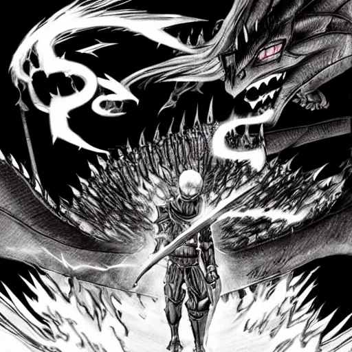 Prompt: knight driving a car, dragon blowing fire above, manga panel, ONE, Murata, Berserk