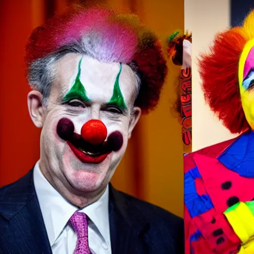 Prompt: Jerome Powell as a clown with clown wig and colorful clown makeup all over his face, award-winning, epic, cinematic