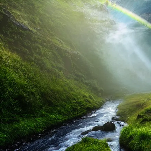 Image similar to stream running through a valley, very high steep mountains, fog, mist, god rays, fantasy, epic