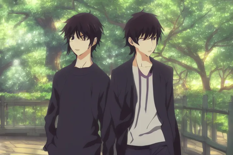 Prompt: Two anime handsome guys, Makoto Shinkai, rainy day