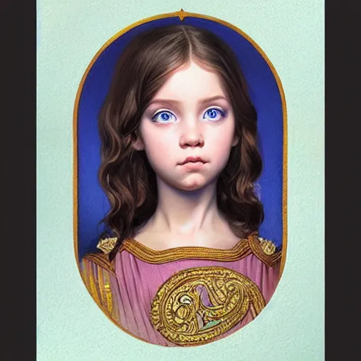 Image similar to a little girl with short wavy curly light brown hair and blue eyes, a space empress in byzantine style. beautiful highly detailed face, painting by ilya kuvshinov