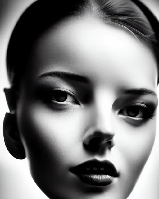 Prompt: black and white dreamy young beautiful female cyborg high quality portrait photo, microchip skin, artificial intelligence, cinematic, rim light, photo - realistic, elegant, high detail, 8 k, masterpiece, photo taken in 1 9 3 0