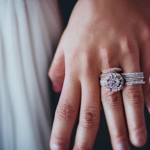 Prompt: a photo of bride's hand with wedding ring, five fingers