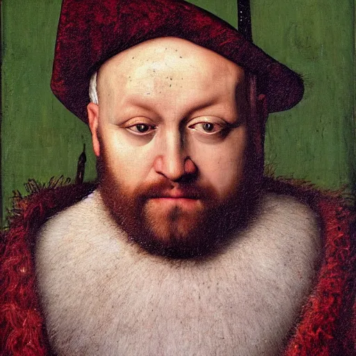 Image similar to portrait of kevin james, oil painting by jan van eyck, northern renaissance art, oil on canvas, wet - on - wet technique, realistic, expressive emotions, intricate textures, illusionistic detail