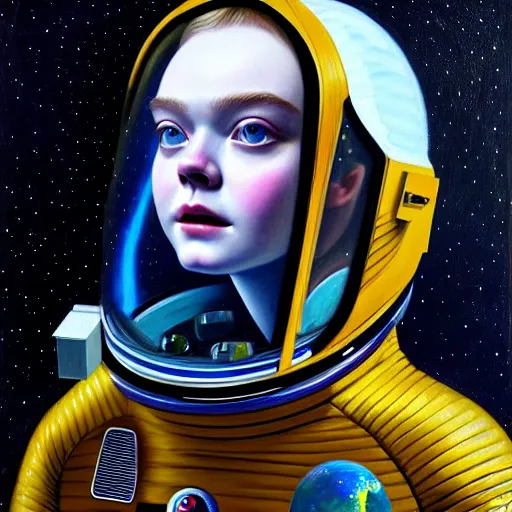 Image similar to portrait of a elle fanning wearing a spacesuit in the dark depths of space, detailed realism face in painting, detailed beautiful portrait, oil painting masterpiece, 8 k resolution, smooth, sharp focus, trending on artstation, by johannes vermeer