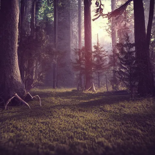 Prompt: Beautiful forest leading to a dead forest, octane render, volumetric lighting, 4K