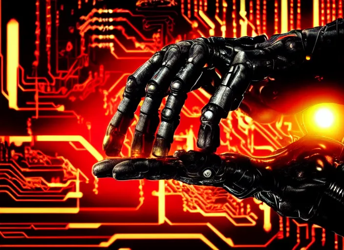 Prompt: terminator's hand holding a bitcoin between two fingers. centered. horror cyberpunk dystopia style. highly detailed 8 k. intricate. nikon d 8 5 0 3 5 mm. award winning photography.