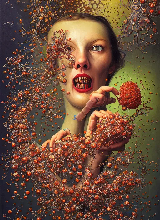 Image similar to hyper detailed Oil painting - Ada Lovelace Eats of the Strangling Fruit and her gossamer polyp blossoms bring iridescent fungal flowers whose spores black the foolish stars by Jacek Yerka, Mariusz Lewandowski, Abstract brush strokes, Masterpiece, Edward Hopper and James Gilleard, Zdzislaw Beksinski, Mark Ryden, Wolfgang Lettl, hints of Yayoi Kasuma