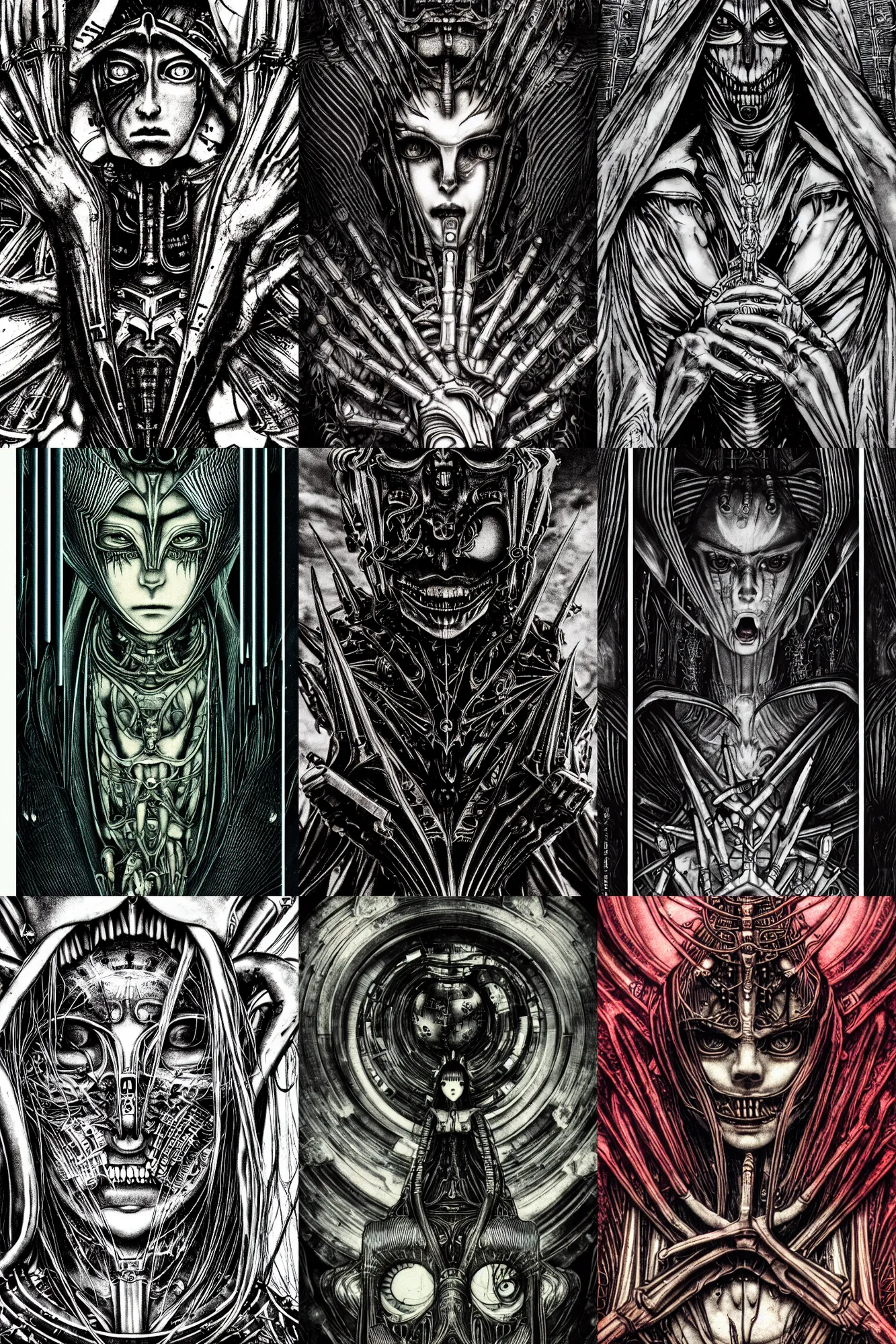 Prompt: Cinestill 50d, 8K, highly detailed, major arcana H.G Giger nightmare art deco inspired seinen manga style 3/4 extreme closeup portrait, clear eyes, focus on model, tilt shift background: famous major arcana remake, transformation scene