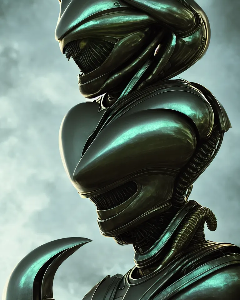 Prompt: epic portrait of alien queen in ring armour by cleavanger and elvgren epic awesome symmetrical octane vfx maya render realistic