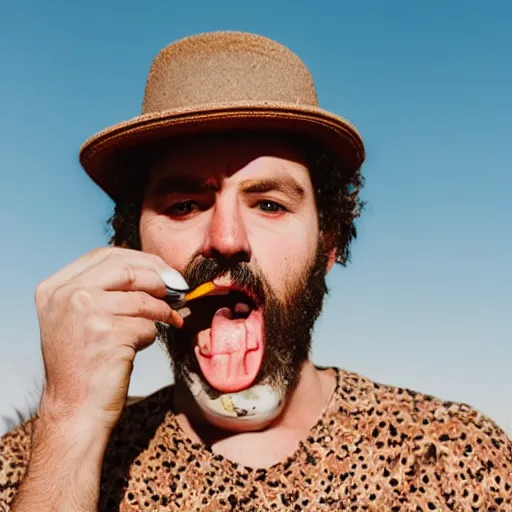 Prompt: photograph of a man wearing cameo in the desert and eating crayons