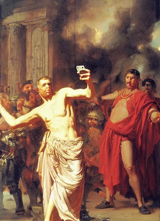 Image similar to julius caesar taking a selfie as rome burns behind him by vladimir volegov and alexander averin and pierre auguste cot and delphin enjolras