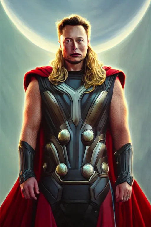 Image similar to elon musk as thor, realistic portrait, symmetrical, highly detailed, digital painting, artstation, concept art, smooth, sharp focus, illustration, cinematic lighting, art by artgerm and greg rutkowski and alphonse mucha