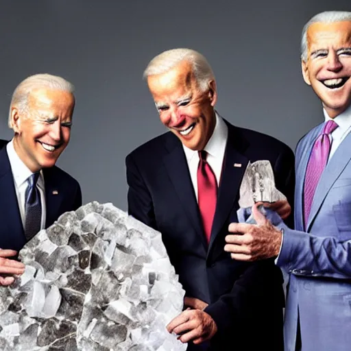 Image similar to UHD candid photo of Joe Biden and Hunter Biden holding up a giant quartz crystal, wearing clown makeup, UHD, photorealistic, correct face, photo by Annie Leibowitz