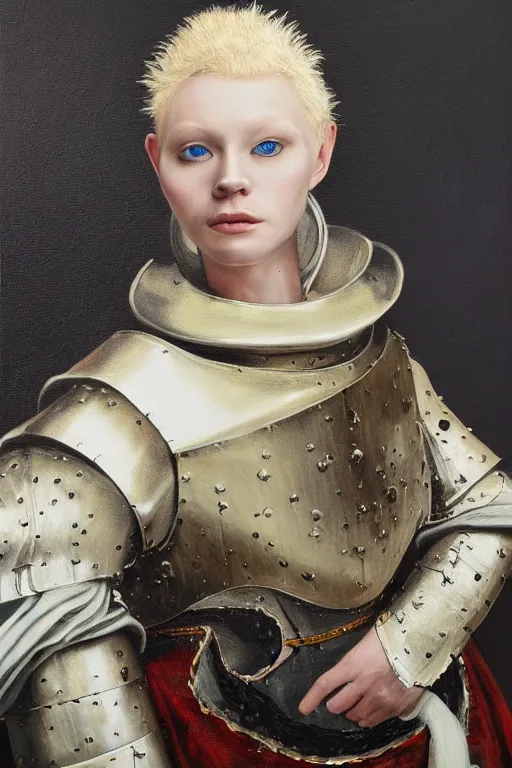 Image similar to hyperrealism oil painting, close - up portrait of albino medieval fashion model, knight, steel gradient mixed with nebula sky, in style of baroque