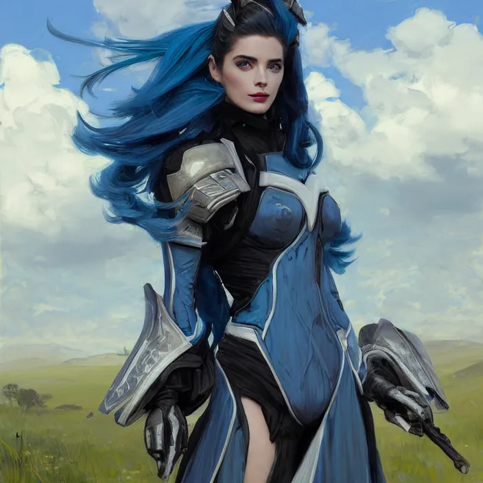 Image similar to portrait of a combination of Ashley Greene, Adriana Dxim, Grace Kelly and Lily Collins with blue hair in Warframe armor, countryside, calm, fantasy character portrait, dynamic pose, above view, sunny day, thunder clouds in the sky, artwork by Jeremy Lipkin and Giuseppe Dangelico Pino and Michael Garmash and Rob Rey and Greg Manchess and Huang Guangjian, very coherent asymmetrical artwork, sharp edges, perfect face, simple form, 100mm