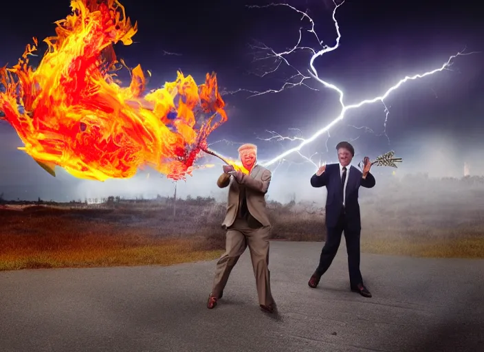 Prompt: burning donald trump casting fireballs, colorful hd picure, lightning in the background