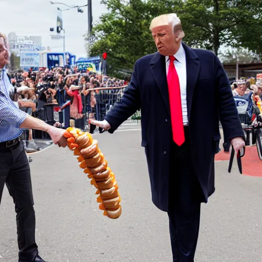 Prompt: Donald trump assaults a pedestrian with hot dogs, caught in 4k