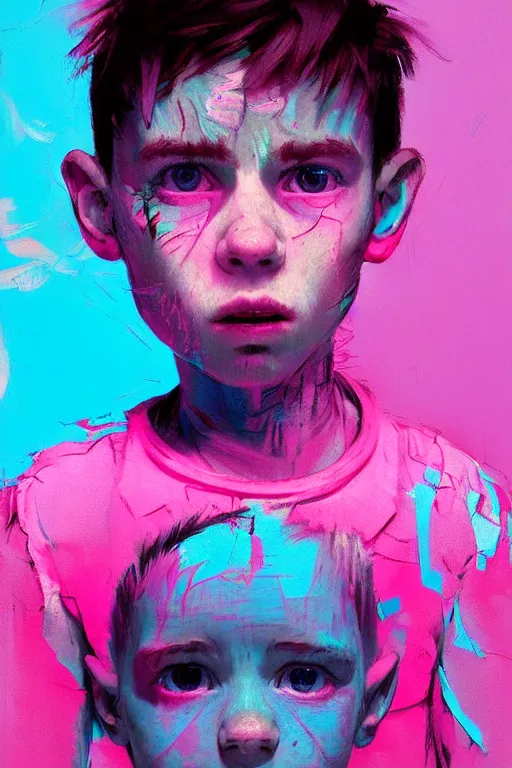 Image similar to portrait of a young boy nor living not death in a postapoliptic forgotten world, in the colors hot pink and cyan, beautiful face, rule of thirds, complex outfit, spotlight, by greg rutkowski, by jeremy mann, by francoise nielly, by van gogh, digital painting