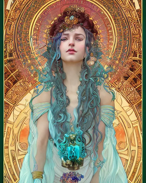 Prompt: a goddess with turquoise hair | highly detailed | very intricate | art nouveau | gold filigree | romantic storybook fantasy | soft cinematic lighting | award - winning | disney concept art watercolor illustration by mandy jurgens and alphonse mucha and alena aenami | pastel color palette | featured on artstation