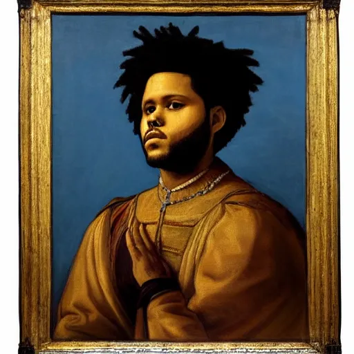 Image similar to a renaissance style portrait painting of the weeknd