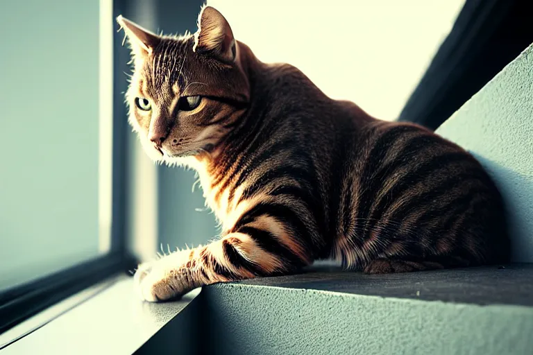 Image similar to vfx film closeup, cat on a window ledge, flat color profile low - key lighting award winning photography arri alexa cinematography, hyper real photorealistic cinematic, atmospheric cool colorgrade