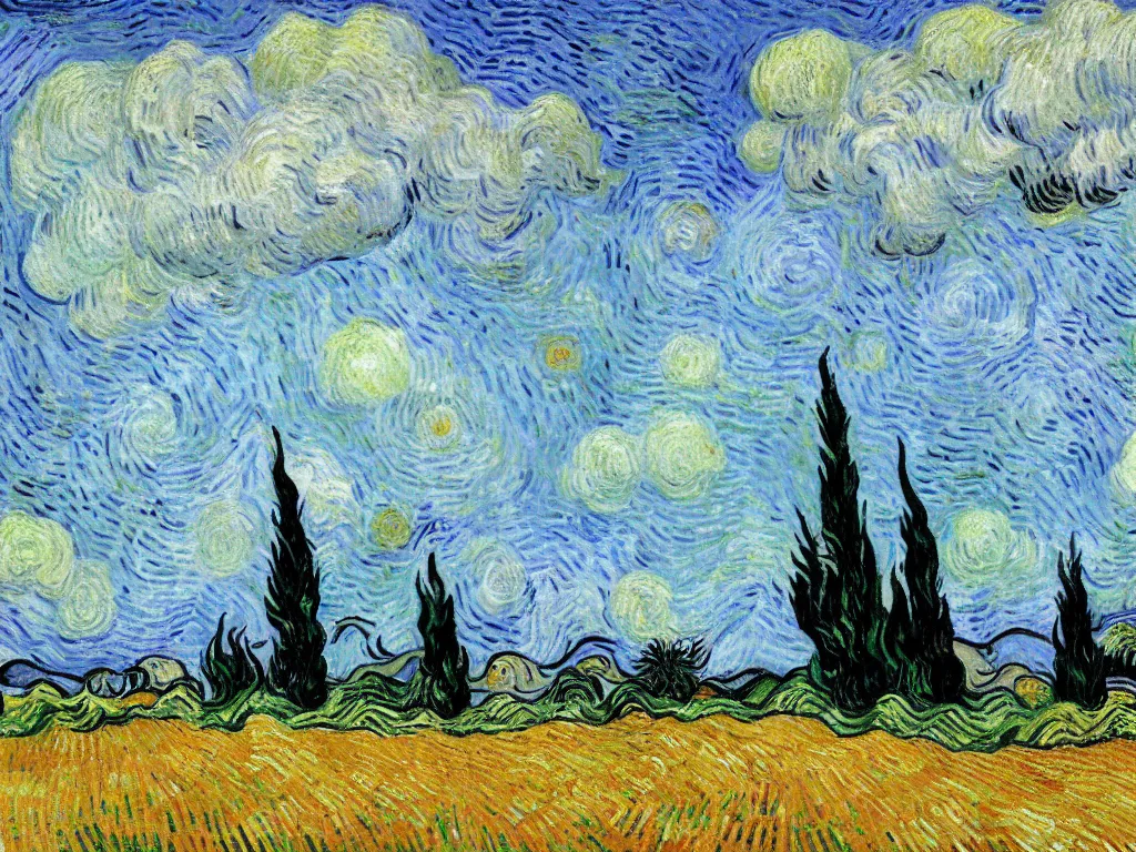 Prompt: wheat field with cypresses, by van gogh and tim burton, pink cypresses, teal sky