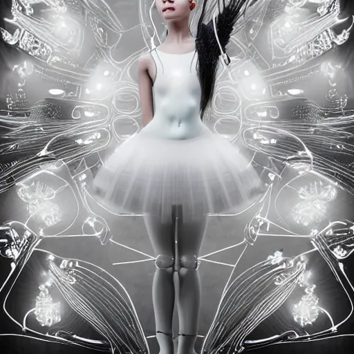 Image similar to beautiful centered fine art photo portrait of romantic beautiful girl as a solarpunk robotic humanoid, white mechanical parts with led lights, ballet style pose, photorealistic, white background, highly detailed and intricate, soft box lighting, hdr 8 k