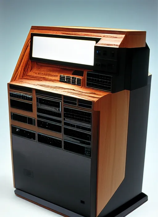 Prompt: realistic photo of a scientific model of an ugly rough complex desktop computer made of wood, display is black obsidian, front view, 1 9 9 0, life magazine reportage photo, metropolitan museum photo