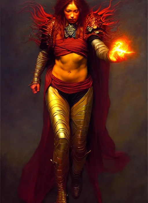 Image similar to i cast firebolt. full body, hyper realistic dnd character art portrait, dark fantasy art, intricate fantasy painting, dramatic lighting, vivid colors, deviantart, artstation, by edgar maxence and caravaggio and michael whelan and delacroix.