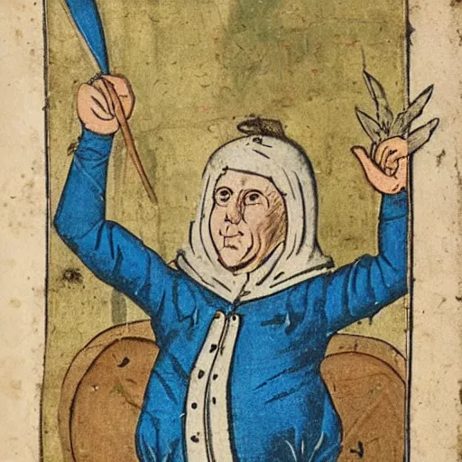 Image similar to a 1 8 th century illustration manuscript illustration of a medieval peasant holding a large blue trident above his head.