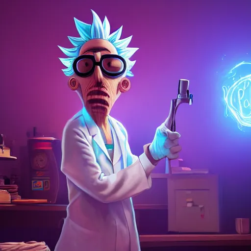 Prompt: portrait of old shaved rick sanchez, big eyes, lab coat and tee shirt, lens flare, atmosphere, glow, detailed, intricate, full of colour, cinematic lighting, trending on artstation, 4 k, hyperrealistic, focused, extreme details, unreal engine 5, cinematic, masterpiece