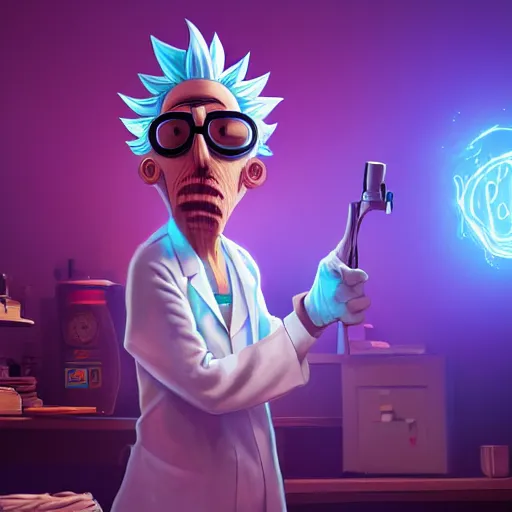 Image similar to portrait of old shaved rick sanchez, big eyes, lab coat and tee shirt, lens flare, atmosphere, glow, detailed, intricate, full of colour, cinematic lighting, trending on artstation, 4 k, hyperrealistic, focused, extreme details, unreal engine 5, cinematic, masterpiece