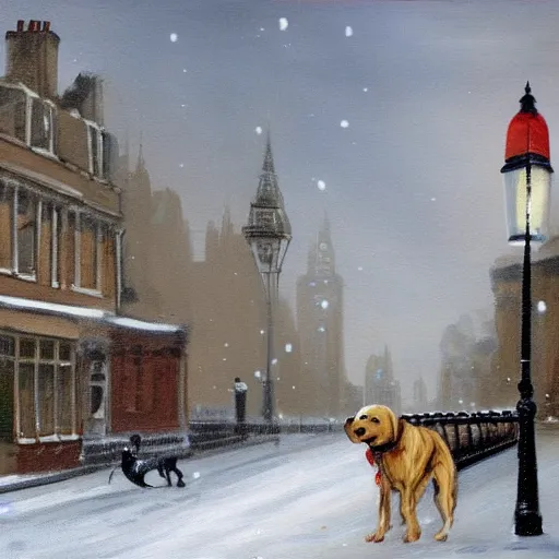 Image similar to painting of a snowy london street scene, and a dog with its tongue stuck to a lamp post