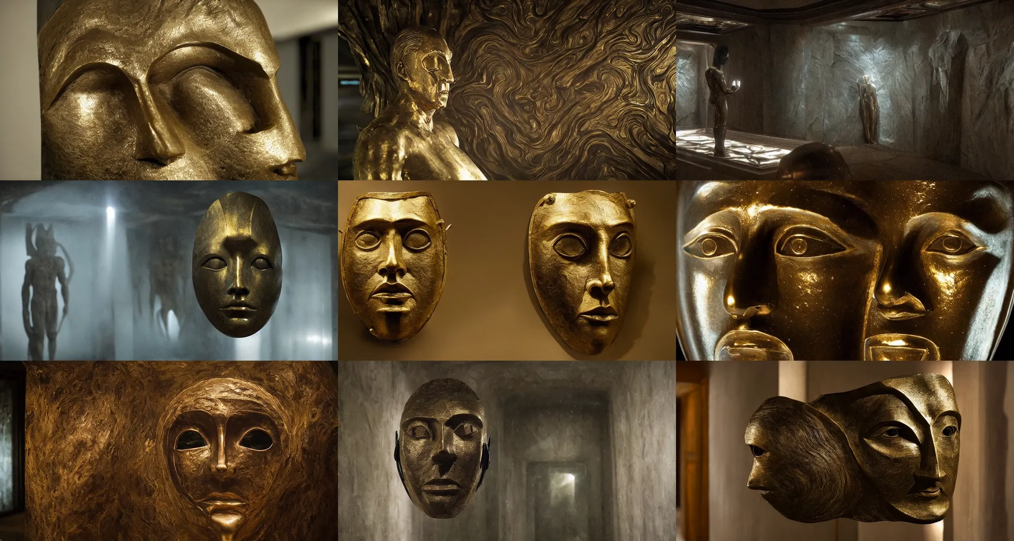 Prompt: the portrait of the spirit in bronze mask inside the room without doors and windows | interstellar movie by ridley scott with cinematogrophy of christopher doyle and art direction by hans giger, anamorphic bokeh and lens flares, 8 k, higly detailed masterpiece