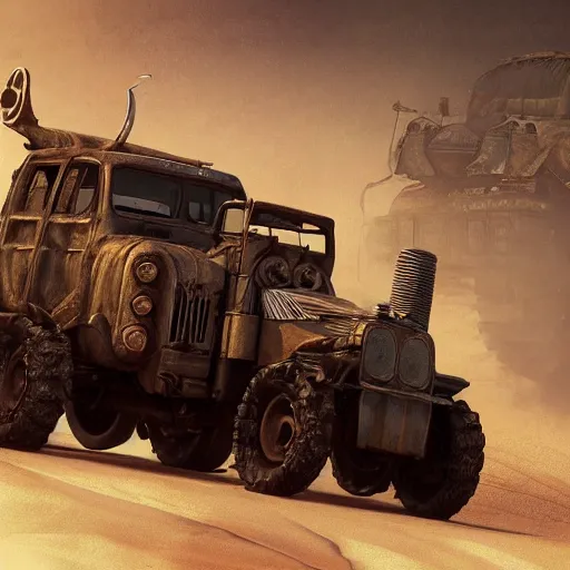 Prompt: a mad max truck with gatling guns on the side, au naturel, hyper detailed, digital art, trending in artstation, cinematic lighting, studio quality, smooth render, unreal engine 5 rendered, octane rendered, art style by klimt and nixeu and ian sprigger and wlop and krenz cushart