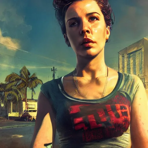 Image similar to fallout 5 : miami, charismatic beautiful rugged brunette female protagonist, portrait, outdoors ruined cityscape, atmospheric lighting, painted, intricate, volumetric lighting, beautiful, summer, sunny weather, few clouds, sharp focus, deep colours, ultra detailed, by leesha hannigan, ross tran, thierry doizon, kai carpenter, ignacio fernandez rios