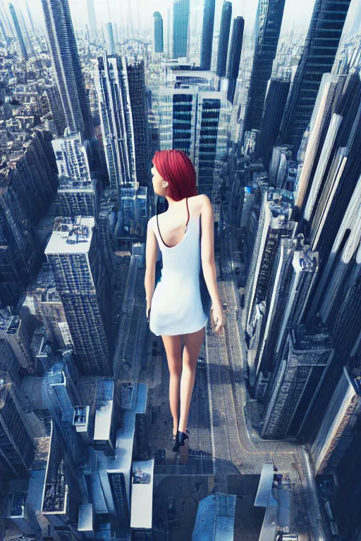 Prompt: beautiful girl larger than skyscrapers walks around the city, bird's eye view, highly detailed, digital art, sharp focus, super realistic, octane render