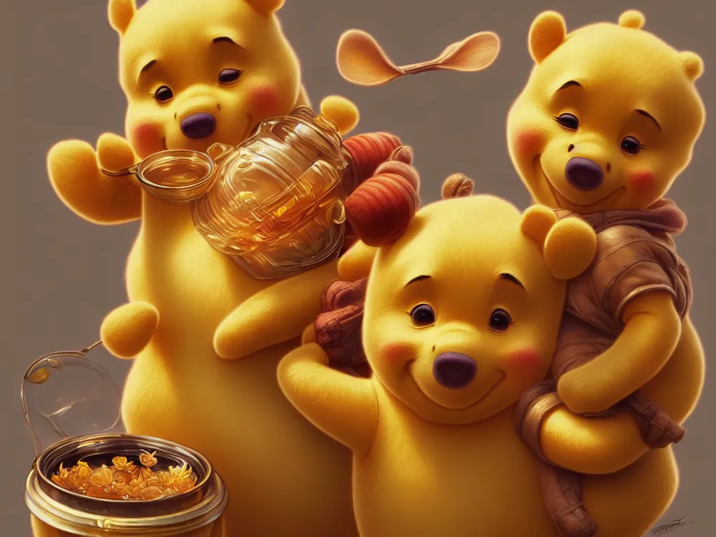 Prompt: winnie the pooh and honey pot cute and cuddly, highly detailed, photorealistic, octane render, 8 k, unreal engine. art by artgerm and greg rutkowski and alphonse mucha
