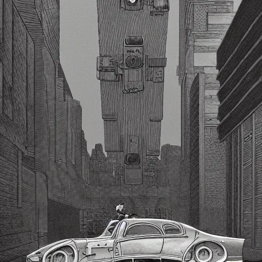 Prompt: a man standing next to a huge car in brutalist city, dieselpunk style, steampunk, art by jean giraud and moebius and francois schuiten, illustration, drawing, painting, clean lines, digital art, symmetric, retrofutur, detailed, artstation