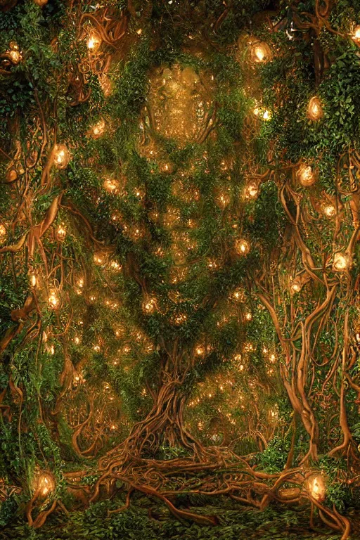 Prompt: extremely detailed complex intricate hyperdetailed tapestry of cybernetic biomech sacred fig tree roots in an industrial overgrown lush maze of webbed LED lights, by Clyde Caldwell, beautiful colors 8k hyperdetailed matte painting, raytracing, artstation, magic hour