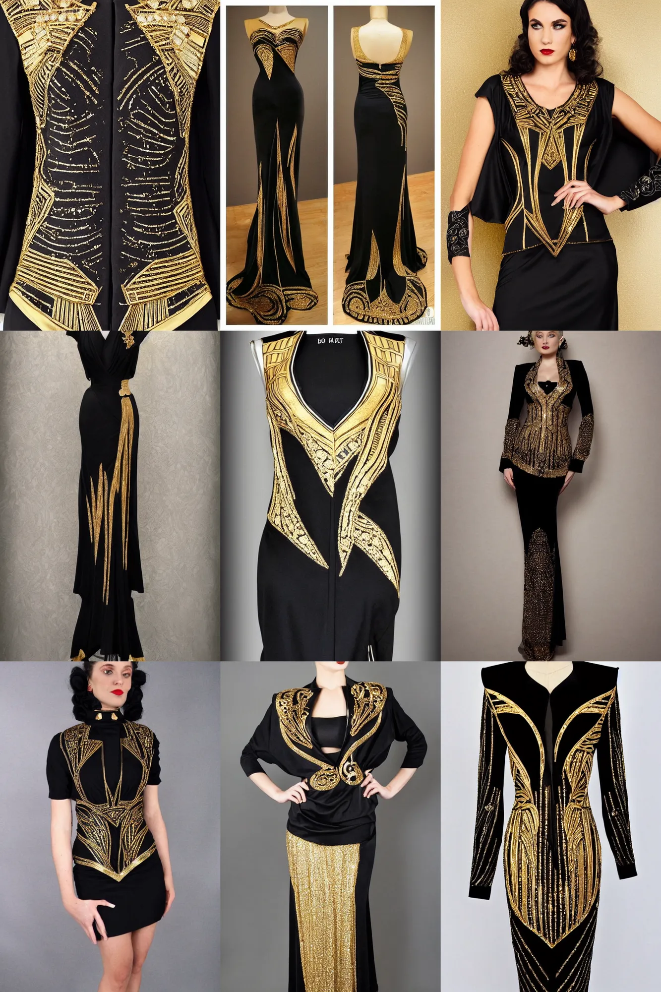 Prompt: beautiful black dress with golden art deco design elements, bolero on top, high fashion