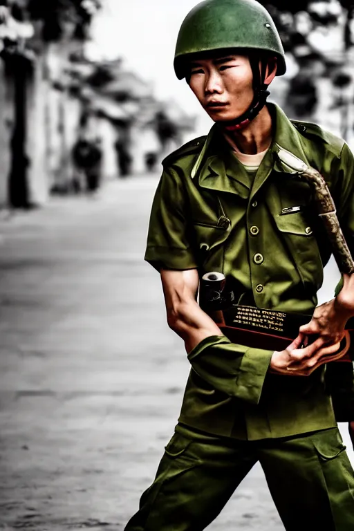 Image similar to vietnam soldier with skateboard, portrait, cinematic, bokeh, extreme detailed, vogue photo style, proportional, dynamic composition, intricate, comfort posse, smooth, sharp focus, body features, ultra realistic, award winning photo, captured by nikon d 8 5 0,, 4 k, full body.