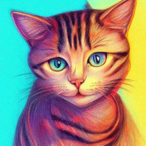 Prompt: beautiful pencil drawing of a cat by the artist loish, flowy lines, colorful, bright, cheerful, done in procreate, very beautiful sketch by loish