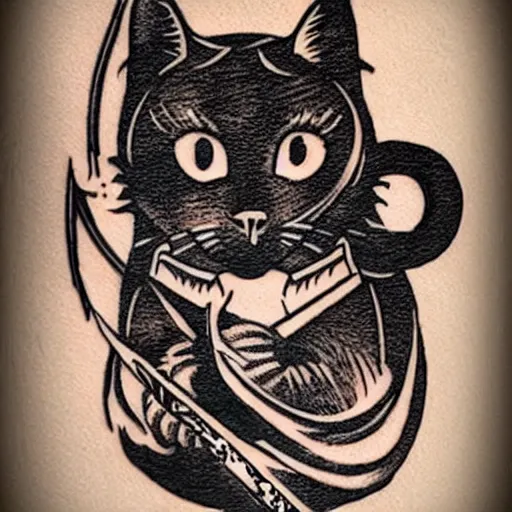 Image similar to tattoo design, stencil, a cat jumping in the air with a sword