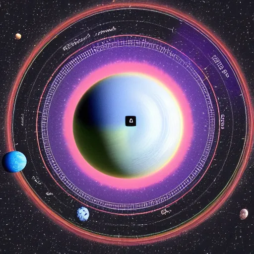 Image similar to a scientific diagram of several small colorful planets orbiting each other