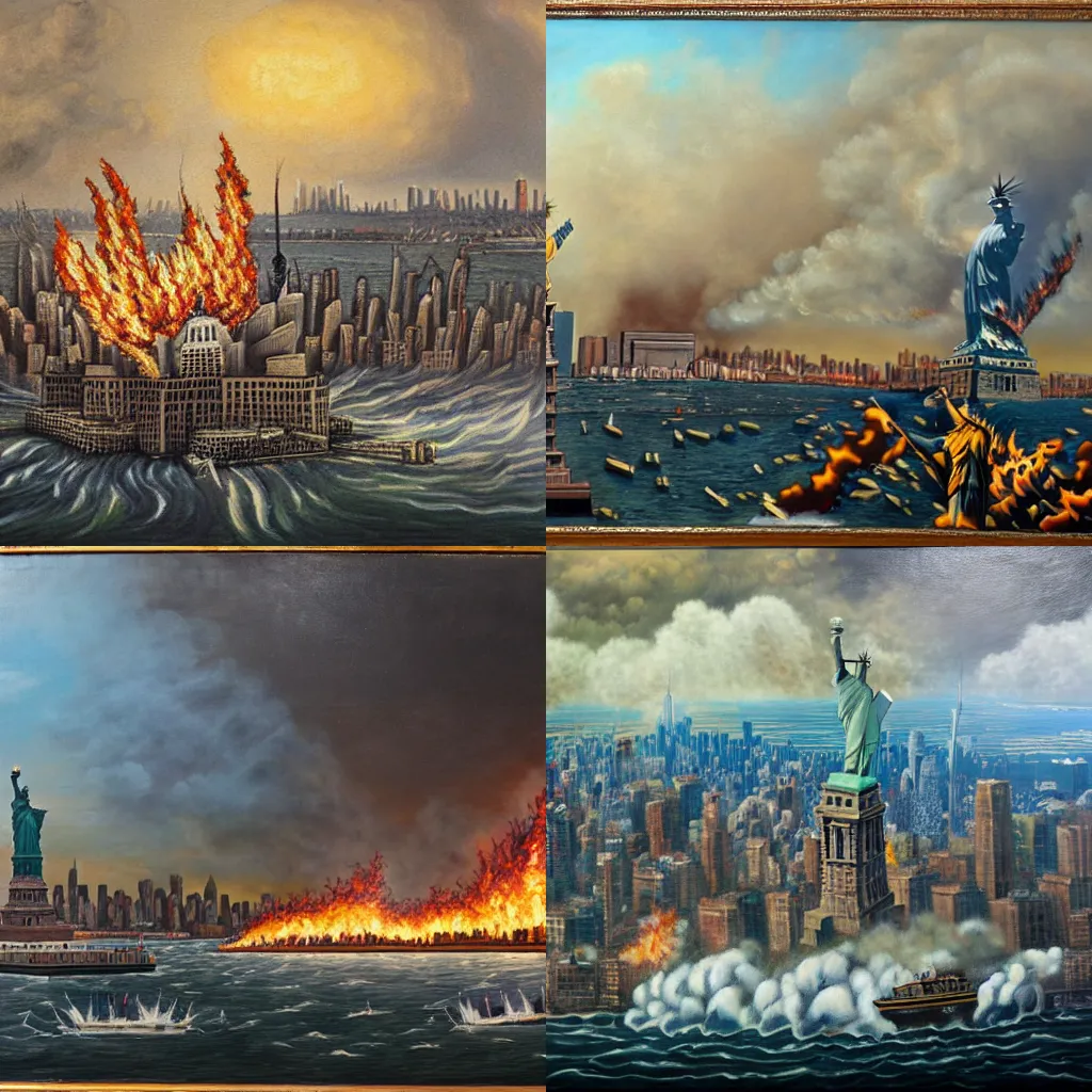 Prompt: oil painting panorama of statue of liberty attacking burning new york